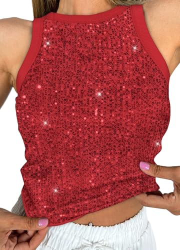 Naimo Débardeur à paillettes pour femme - Sans manches - Col rond - Blouse scintillante - Sexy - Pour fête, club
