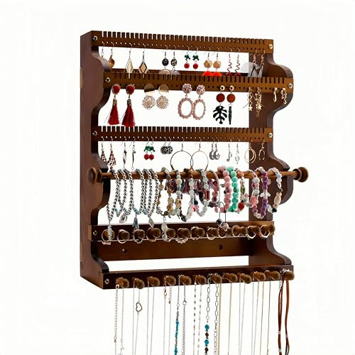 humberboat Wall Jewelry Organizer 6-Tier Bracelet Holder Jewelry Organizer Wall-Mounted Wooden Hanging Jewelry holder for Necklace Holder, Ring Display, & Earring Storage for Home or Gift
