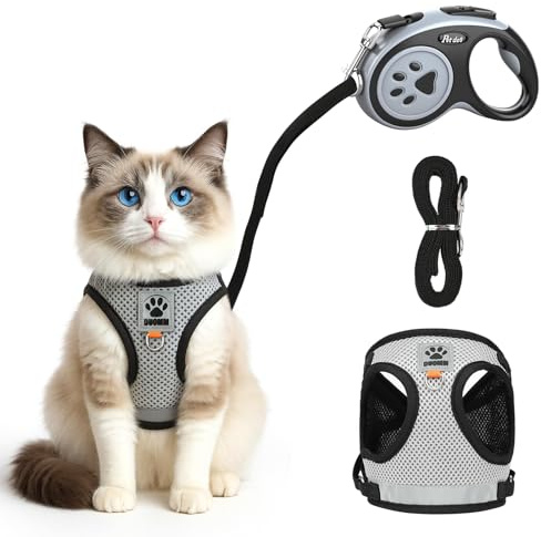 AUYAO Cat Harness and Lead Set Escape-Proof Kitten Harness with Retractable Cat Lead 5m/16.4 Ft Automatic Puppy Leash with Reflective Vest Adjustable Harness Lead Set for Garden Walking(M)