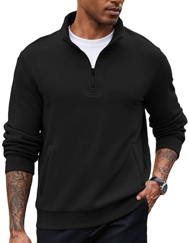 PINSPARK Sweatshirt Herren 1/4 Zip Pullover Stehkragen Langarmshirts Sweater mit Reißverschluss Langarm Pulli Ohne Kapuze Casual Oberteile Polo Shirt Herbst Winter Schwarz L