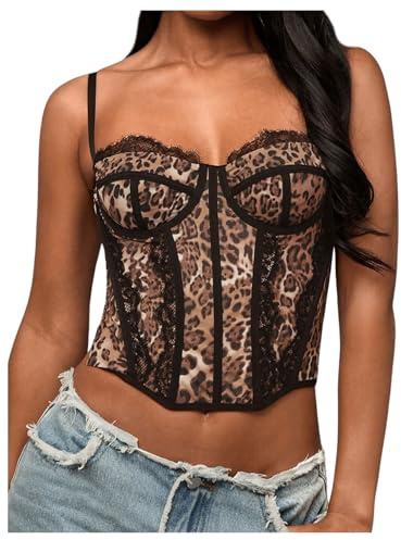 GORGLITTER Women's Leopard Print Lace Corset Tops Asymmetrical Bustier Crop Corsets Camisole Clubwear Brown Small