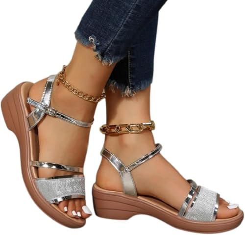 Sandalias para Mujer Sandalias De Plataforma Oro Plata Mujerverano Cuñas De Tacón Grueso Sandalias Mujer Correa Al Tobillo Gladiador, Silver, 35 EU