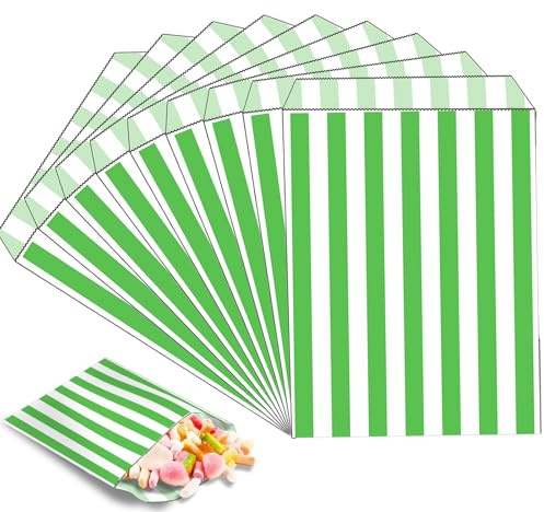 100 pk gröna söta väskor, liten randig godisväska, 13 cm x 18 cm sötnos |popcorn|bröd |smörgås|kakpåse, festväskor för mellanmål, godis, tårtgåva, bröllop, födelsedagsfest, jul
