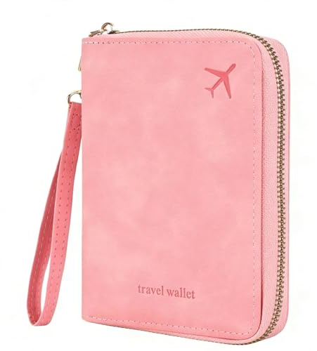 MUU Portafoglio da viaggio con blocco RFID, organizer per documenti in pelle PU rosa con chiusura a zip e cinturino da polso