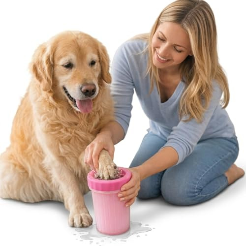Dog Paw Cleaner Cup with Soft Silicone Bristles, Portable Mud Remover, Reusable Travel Paw Washer for Small, Medium and Large Dogs (Pink, 9 by 11cm)