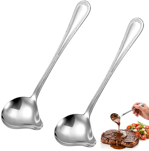 Cossaot 2 Piezas Cucharón de Salsa Acero Inoxidable, 20 CM Cuchara para Rociar Salsa con Pico, Cucharón para Salsas con Pico, para Cuchara para Aderezo de Ensaladas para Sopa Salsas Guisos y Más