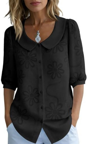 Camisa de Mujer para Verano en Mezcla de algodón y Lino (Tipo Gasa), con Cuello Peter Pan Manga a Media Longitud, puños abullonados y Botones; Estilo Boho Casual para el Trabajo (Black,M)