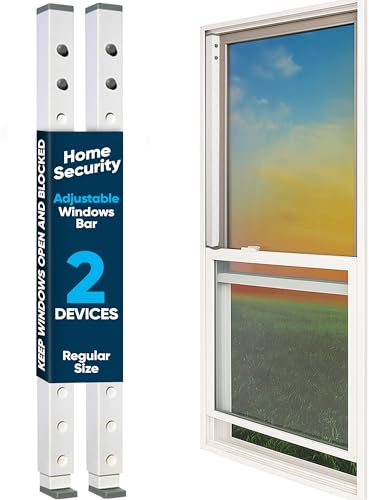 Adjustable Window Security Bar & Sliding Door Lock – Durable Child Safety Lock & Sliding Glass Door Security Bar Stopper for Home, Apartment & Patio, Works with Window Alarms – Regular – (2 Devices)