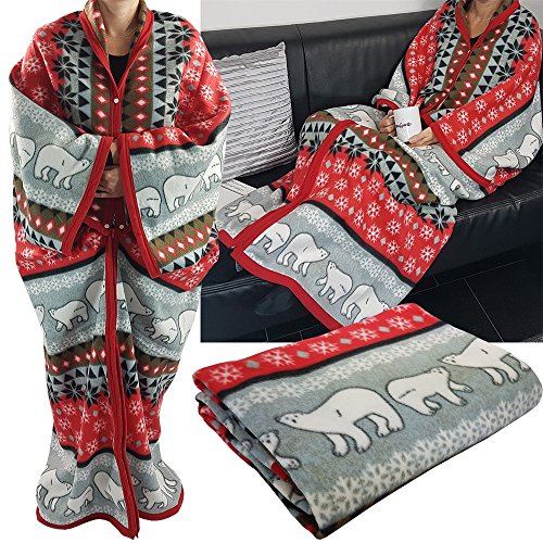 DILUMA Kuscheldecke mit Ärmeln Cozy Bears 150x170 cm Rot - Ärmeldecke mit Reißverschluss für Erwachsene & Kinder - TV Decke mit Ärmeln - ÖkoTex100, Kuschelweich, Wärmend, Atmungsaktiv