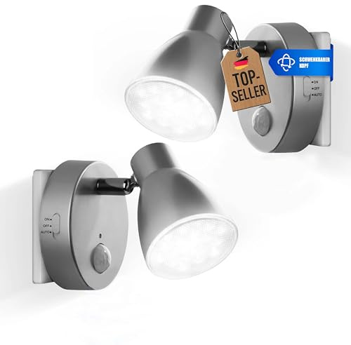 Trango set di 2 Luce notturna a LED TG2635-024 in argento con funzione automatica 230V con sensore di movimento, luce di sicurezza, lampada a zoccolo, lampada a parete notturna, luce di orientamento