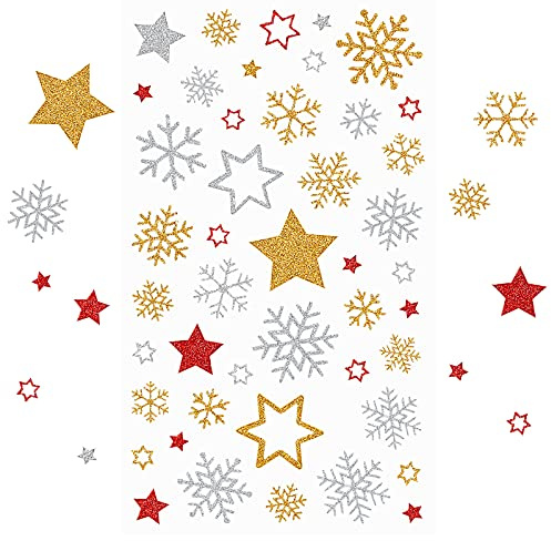 Kesote 5 Fogli di Adesivi Natalizi Adesivi Decorativi con Glitter Forme di Stelle, Fiocchi di Neve Adesivi Rossi e Dorati per Scrapbooking, Biglietti d’Auguri, Buste Regalo, Sacchetto Bomboniere
