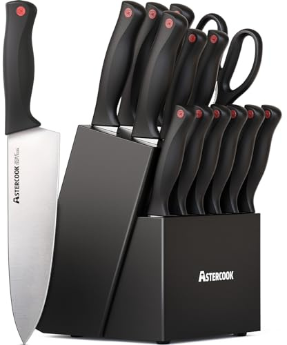 Astercook Knife Set, 15 Pieces Kitchen knives Set with Built-in Sharpener, High Carbon German Stainless Steel Chef Knife Block Sets, Sharp & Rust Resistant Dishwasher Safe, Black