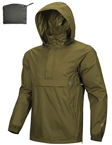 Outdoor Ventures Men's Waterproof Rain Jacket Packable Hooded Pullover | Stowaway Hood, Taped Seams, Reflective, Breathable, Windproof, Lightweight, Side Zipper, for Hiking Camping Traveling Cycling