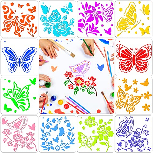 Qpout Schmetterlings Schablonen zum Malen, 12 wiederverwendbare Schmetterlings-Schablonen, Schmetterlings-Zeichenschablonen für Kinder, Schmetterlings Schablonen für Wände Poster Stein Sammelalbum
