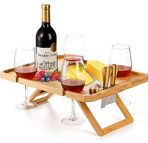 Kingrol Bambus Wein Picknick Tisch mit Weinflasche, 40x31x15cm Glas und Käse Messerhalter - Park, Camping, Strand, Outdoor Snack und Käse Tablett, Weinliebhaber Geschenke, faltbar und tragbar