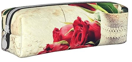 Red Rose Flowers Rectangle Leather Pencil Case for Girls Boys, Pen Pouch & Makeup Bag for Student School Office College