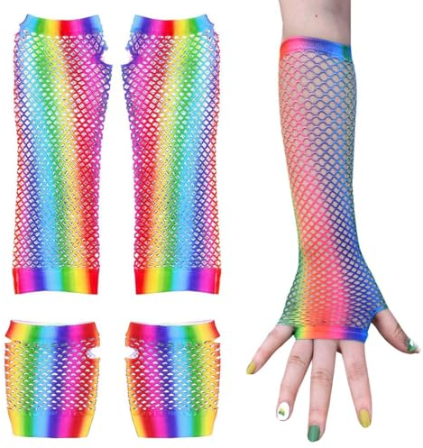 JOCXZI netzhandschuhe - 2 Paare Lang und Kurz Fischnetz Handschuhe, Regenbogen Fingerlose Fischnetz Handschuhe, Damen Netz Mesh Handschuhe（irisierend）