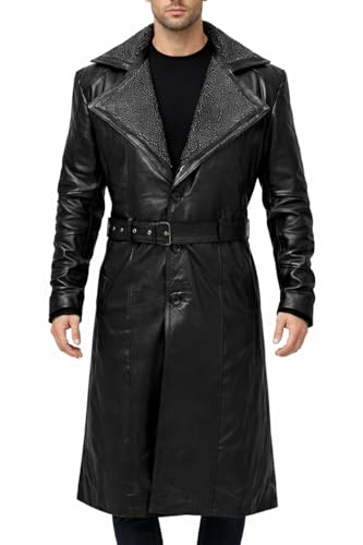 The Jasperz WW2 German Military Long Coat - Real Sheepskin Leather Belted Long Trench Coat - Faux Fur Collar Winter Coat