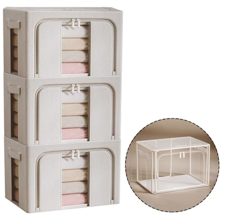 3 Stück 66L Durchsichtig Faltbare Kleideraufbewahrung Box mit Reißverschlüsse, 5mm Metallrahmen , Stabile Stapelbar Aufbewahrungs Boxen für Kleidung Stapelbare Kleiderboxen Aufbewahrung Boxen (3)