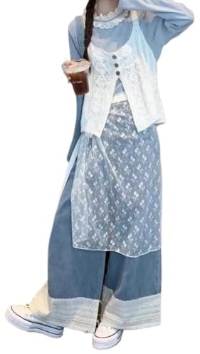 Jupe en Dentelle pour Femme Y2k Jupe Cache-Maillot Transparente en Dentelle superposée Jupe Portefeuille coréenne Streetwear, Blanc Fleur, Taille Unique