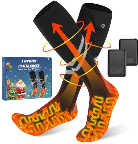 Ferdiiz Beheizbare Socken 2024, 2er 7500mAh/5V Akku Max. 14H Fußwärmer Elektrisch, Wiederaufladbare Wolle Beheizte Socken 2 Heizdraht Heizsocken mit 4 Temperatur für Jungen Mädchen