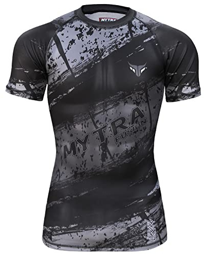 Mytra Fusion Rashguard BJJ Camiseta Compresion Breathable & Ultra Lightweight Rashguard para MMA, Gimnasio, Entrenamiento, Correr y Ciclismo (FR/ES, Letras, S, Regular, Regular, Black/Grey)