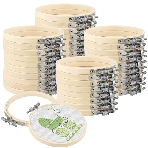MANCHAP 40PCS 10cm Bamboo Embroidery Hoop, 4 Inch Round Bamboo Circle Cross Stitch Hoops, Adjustable Sewing Circle Rings for DIY Art Craft