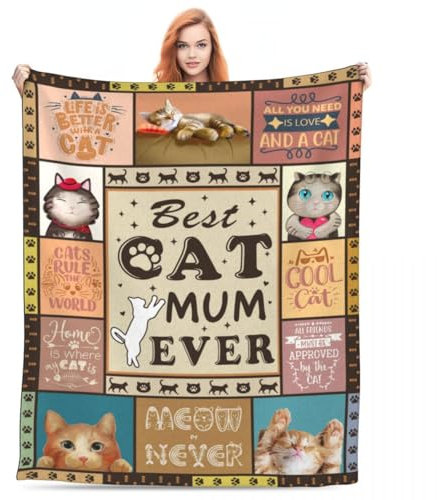 KoMico Katzen-Mama-Decke für Frauen, weiche und gemütliche Decke mit Katzenmotiv für Katzenliebhaber und Katzenbesitzer, 150 x 130 cm