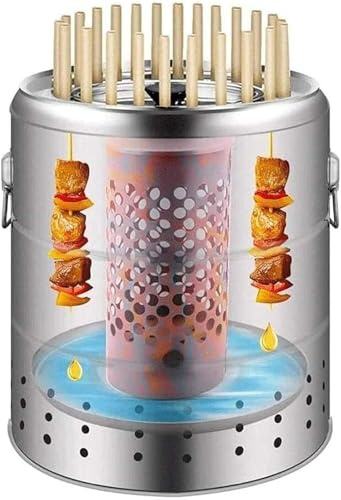 Smokeless Charcoal Barrel BBQ Grill Stainless Steel Hanging Stove with 28 Kabob Skewers for Camping Backyard Tailgating