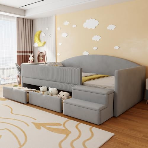 Dolamaní Lit pour enfant rembourré 90 x 190 cm en velours avec sommier à lattes, espace de rangement et marches, design anti-chute, pour garçons et filles, chambre d'adolescent, sans matelas (l : gris