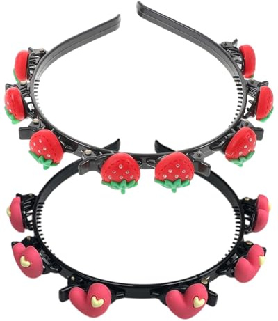 FUGLUS 2 Piezas Diadema Con Horquilla, Diadema Unisex,Diademas Con Clips,Horquilla Con Clips Incorporados,Diademas Para Mujer,Horquillas Doble Fleco, Negro, Fresa/Corazón