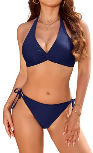 Nadeer Maillot de Bain Femme 2 Pieces Sexy Ensemble Bikini Torsadé Halter Ties-up Col en V Taille Basse Bas Laçage Maillots Deux Pièces de Sport Plage Été(Bleu Marine,L)