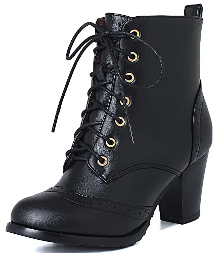 SJJH Retro Women Lace-up Boots with Block Heels and Rounded Toe