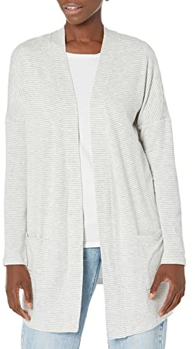 Amazon Essentials Women's Lounge Terry Open-Front Cardigan Sleepwear, -grey heather stripe, X-Large