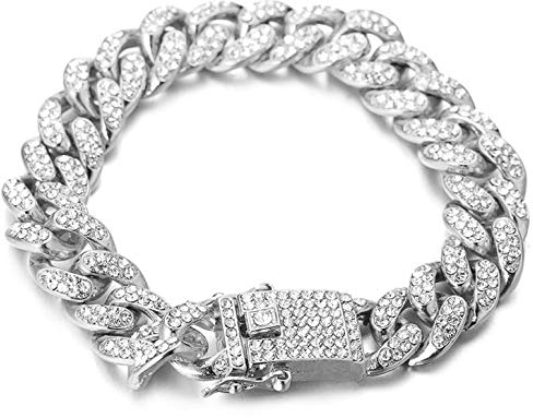 Halukakah Goldkette Herren Iced Out,Echt Weißgold Vergoldete 14mm Männer Armband,Silber,Miami Kubanische Panzerkette,18cm,Geschenk für Mann