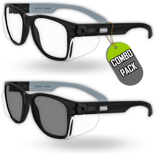 MAGID Y50 Safety Glasses for Construction | Black Frame — 2 Pair Combo - 1 Clear Lens, 1 Gray Lens | Side Shields, ANSI Z87.1+, Anti-Fog, Scratch-Resistant, 99.9% UV Protection, Polycarbonate Lens