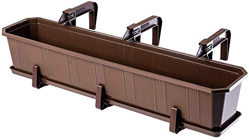 KADAX Blomlåda 80 cm med hållare, brun – planteringslåda med underlägg, rektangulär blomkruka av plast, planteringskärl för inomhus- och utomhusområden, balkong och terrass