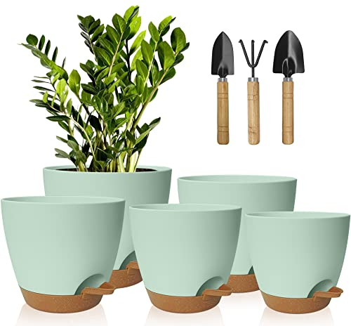 Kunststoff Blumentopf Mit Bewässerungssystem, 17.8/16.5/15.2/13.9/12.7cm Selbstbewässerung Übertopf Mit Untersetzer Rund Pflanzkübel Für Innen Und Balkon Garten Pflanzen Sukkulenten (Grünlich Braun)