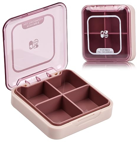 Wisebom Pillendose Klein Tablettenbox Tragbare, Reise Pillen-Organizer Wasserdichte mit 4 Fächer Abnehmbar, Wöchentliche Pillenbox Medikamenten Aufbewahrung Case für Unterwegs Vitamine Fischöl (Rosa)