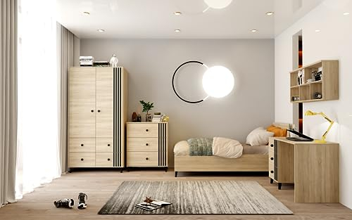 Fabryka Mebli Idźczak Kinderzimmer-Set Fox - Bett, Wandregal, Kinder Kommode, Schreibtisch, Kleiderschrank - Schwarze Holzbeine, Metallgriffe - Modernes Design - Sonoma