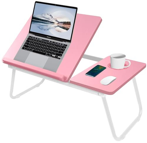 Blisswood Laptop Desk, Laptop Bed Table With Foldable Legs & Cup Slot, Laptop Tray For Bed, Sofa Breakfast Folding Table Lap Desk Notebook Stand for Reading Writing Working (Pink)