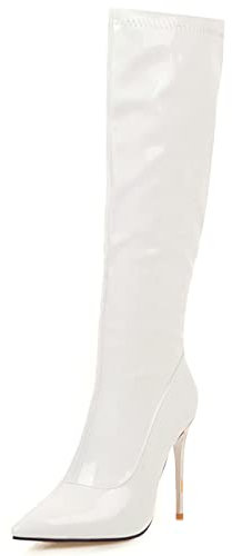 MJIASIAWA Eleganti Tacco A Spillo Donna Stivali Alti Sposa Eleganti Vernice Appuntito Inverno Festa Warm Booty Slouchy Bianco Numero 35 Eu