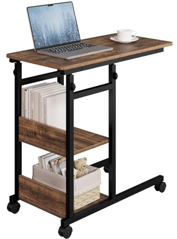 WOLTU Tavolino da Salotto a Forma di C, Tavolino da Caffè a 3 Livelli, Tavolo Divano Regolabile in Altezza con Ruote Universali, in Legno e Metallo, Rovere vintage + Nero, BTS08hov