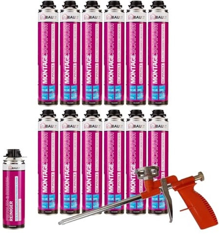 dubaust MSP24 Mousse de construction pour pistolet 750 ml Kit combiné mousse insonorisante haute isolation thermique B2 (avec nettoyant PRS24 500 ml + pistolet à mousse compact, 12 x 750 ml)