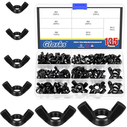 Glarks 135Pcs M3 M4 M5 M6 M8 M10 M12 Schwarz Flügelmuttern Sortiment Kit, 7 Größen Hochfeste Kohlenstoffstahl Schmetterlingsmutter, Metrische Flügelschrauben Befestigungen