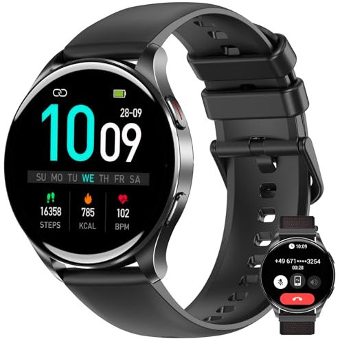 IOWODO Montre Connectée Femme Homme, Écran à AMOLED Allumé, 2 Bracelets,100 Modes de Sport, Appel Bluetooth, Assistant Vocal, pour Android/iOS（Noir）