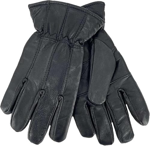 GM Apparel Men's Leather Gloves - Thermal Fleece Lined with 3M Thinsulate Insulation - Winter Warm Mittens - Soft Sheepskin Leather - BLACK, L - XL