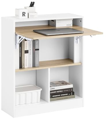 SoBuy Schreibtisch mit Klappbarer Arbeitsfläche Kompakter Computer und Arbeitstisch Schreibtisch Arbeitstisch Platzsparender Tisch für Homeoffice und Büro Weiß und Natur 70x57x85cm FWT104-WN