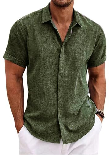 PADOLA Camicia in Lino Uomo Camicie con Collo Botton-downa Maniche Corte e da Spiaggia Slim Fit Estiva Estate Casual(XXL,Verde Militare)