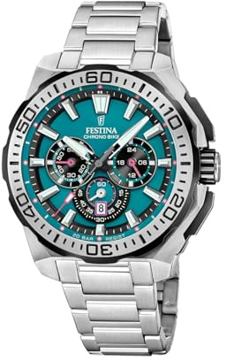 FESTINA Reloj Hombre Analógico de Acero Inoxidable 316l Plateado - Movimiento de Cuarzo - Cronógrafo - Calendario - Cristal Mineral de Alta Resistencia - Resistente al Agua 20 ATM F20724/6 Chrono Bike
